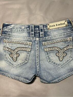 Rock Revival Light Blue Distressed Denim Jean Shorts with Embellished Pockets